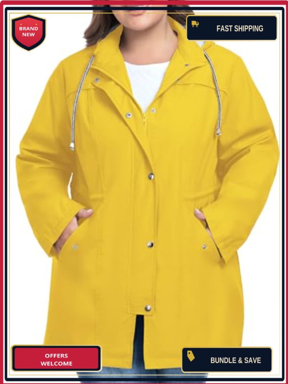 Plus Size Waterproof Rain Jacket with Hood, Windproof Trench Coat